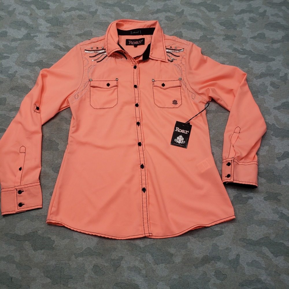 Roar Top Women XL Pink Western Embroidered Stretch Long Sleeve Button NWT Rodeo